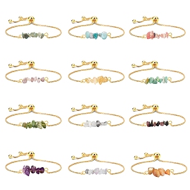 Natural & Synthetic Mixed Gemstone Chips Braided Bead Bracelets, Brass Slider Bracelet