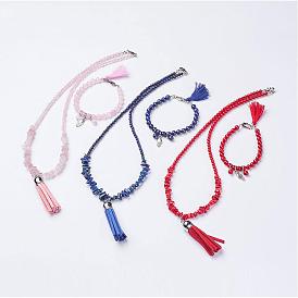 Gemstone Beads Necklaces and Bracelets Jewelry Sets, with Suede Tassels Pendants and Alloy Findings, with Burlap Packing Pouches Drawstring Bags
