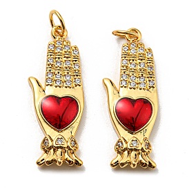 Rack Plating Brass Cubic Zirconia Pendants, with Enamel, Lead Free & Cadmium Free, Long-Lasting Plated, Palm with Love