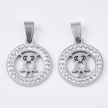 201 подвески из нержавеющей стали, со случайным размером оснастки на поручителях и стразами из полимерной глины и хрусталя, плоские круглые с совой