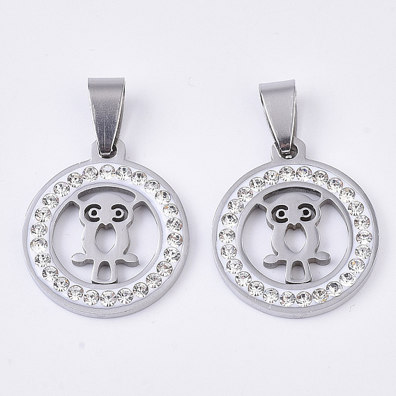 201 подвески из нержавеющей стали, со случайным размером оснастки на поручителях и стразами из полимерной глины и хрусталя, плоские круглые с совой