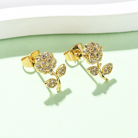 Серьги-гвоздики в форме цветка с микропаве из прозрачных кубических цирконий из латуни