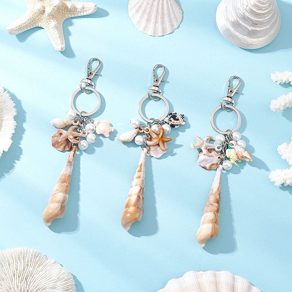 3брелок из непрозрачного акрила с имитацией ракушки и синтетической бирюзы, с поворотной застежкой из сплава карабин для шнурка, платина, морская тема
