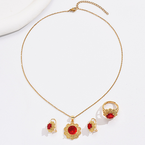 Red Cubic Zirconia Flower Jewelry Set, Brass Hoop Earring & Adjustable Rings & Pendant Necklaces