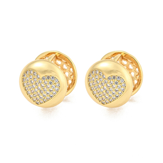 Серьги-кольца из латуни с прозрачным кубическим цирконием, плоско-круглые с сердцем