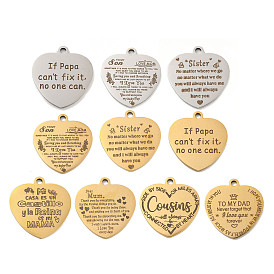 PVD Vacuum Plating 201 Stainless Steel Pendants, Family Theme Message Charms, Heart with Word Charms