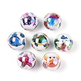 Непрозрачные акриловые бусины с принтом в виде океана, круглая с крабом/кальмаром/морской звездой/морским коньком/китом/медузой/черепахой, AB цвет