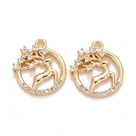 Rack Plating Brass Micro Pave Clear Cubic Zirconia Charms, Long-Lasting Plated, Lead Free & Cadmium Free, Flat Round with Deer