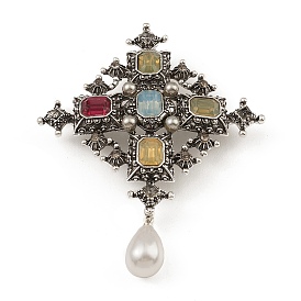 Alloy Rhinestone Brooch for Clothes Backpack, with Imitation Pearl & Acrylic, Rhombus