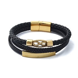 Men's Black PU Leather Cord Multi-Strand Bracelets, Infinity 304 Stainless Steel Link Bracelets with Magnetic Clasps