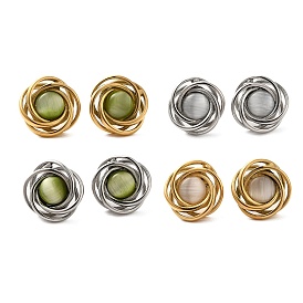 304 Stainless Steel Stud Earrings for Women, with Glass Cat Eye, Flat Round, Polished