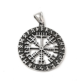304 Stainless Steel Manual Polishing Pendants, Flat Round with Vegvisir Charms