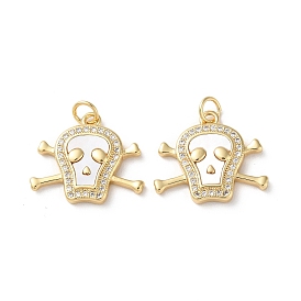 Brass Micro Pave Cubic Zirconia Pendants, with Shell, Real 18K Gold Plated, Skull