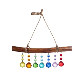 Glass Teardrop Hanging Suncatchers, Rainbow Maker, with Glass Octagon Link and Wood Stick for Garden Window Decoration