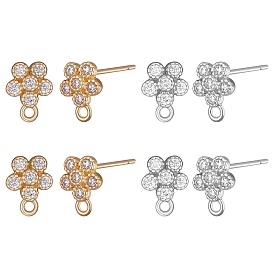 4 пары 2 цвета стойки покрытие латунь микро паве кубический цирконий серьги-гвоздики выводы, со 925 стержнями из стерлингового серебра и горизонтальными петлями, цветок, без кадмия и без свинца