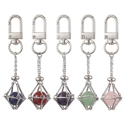 Stainless Steel Macrame Chain Pouch Round Natural Lapis Lazuli & Amethyst & Green Aventurine & Carnelian & Rose Quartz Holder Pendant Decorations