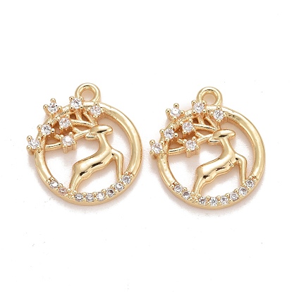 Rack Plating Brass Micro Pave Clear Cubic Zirconia Charms, Long-Lasting Plated, Lead Free & Cadmium Free, Flat Round with Deer