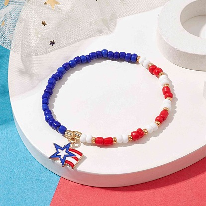 Glass Seed Beaded Stretch Bracelet, Independence Day Bracelet with Alloy Enamel Star Charms