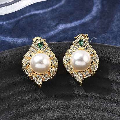 Серьги-гвоздики из листовой латуни с микропаве из кубических цирконий, с пластиковой имитационной жемчужиной, стойки покрытие, без кадмия и без свинца