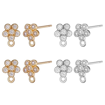 4 пары 2 цвета стойки покрытие латунь микро паве кубический цирконий серьги-гвоздики выводы, со 925 стержнями из стерлингового серебра и горизонтальными петлями, цветок, без кадмия и без свинца