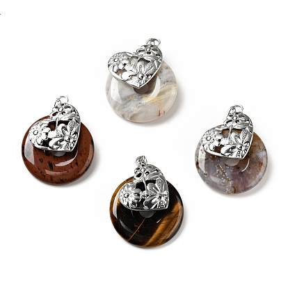 Natural Gemstone Pendants, with Stainless Steel Color Tone 304 Stainless Steel Findings, Heart with Donut/Pi Disc Charm