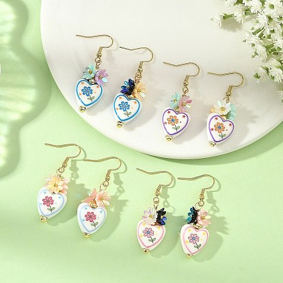 Boucles d'oreilles pendantes artisanales en porcelaine et résine, cœur, perles d'hématite synthétique non magnétiques plaquées par électrolyse et boucles d'oreilles pendantes en acier inoxydable