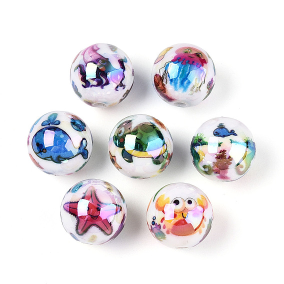 Непрозрачные акриловые бусины с принтом в виде океана, круглая с крабом/кальмаром/морской звездой/морским коньком/китом/медузой/черепахой, AB цвет