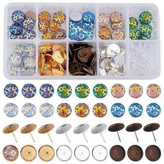 DIY Earring Making, with Mermaid Fish Scale Pattern & Druzy Resin Cabochons, Brass Stud Earring Settings and Clear Plastic Ear Nuts