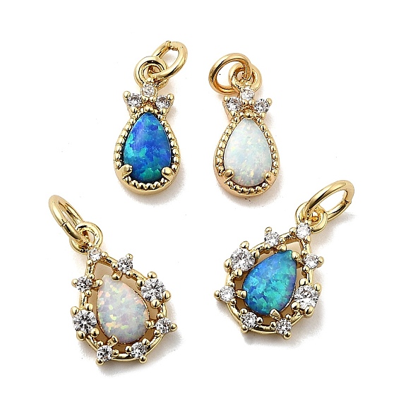 Подвески-слезинки из синтетического опала, с латунными вставками из прозрачных кубических цирконий и соединительными кольцами, реальный 18 k позолоченный, долговечный, стойки покрытие, без свинца и без кадмия