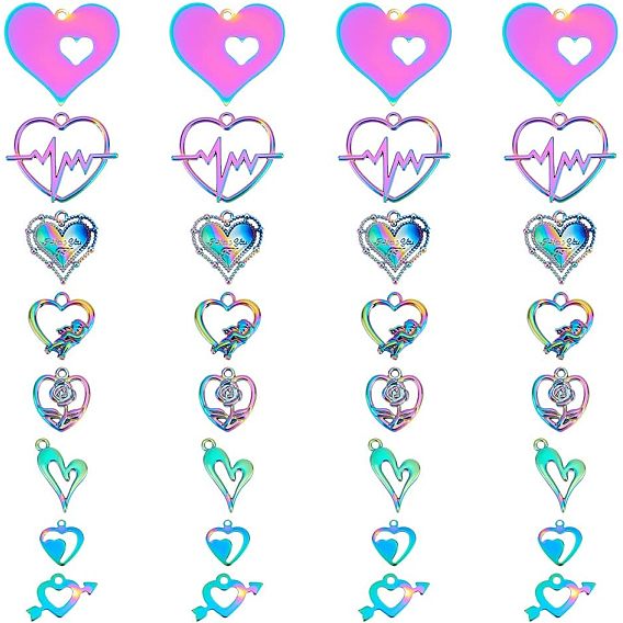 32 шт. 8 стиль День святого Валентина ионное покрытие (IP) 201 подвески из нержавеющей стали и сплава, гравированные металлические украшения, Радуга цветов, сердце