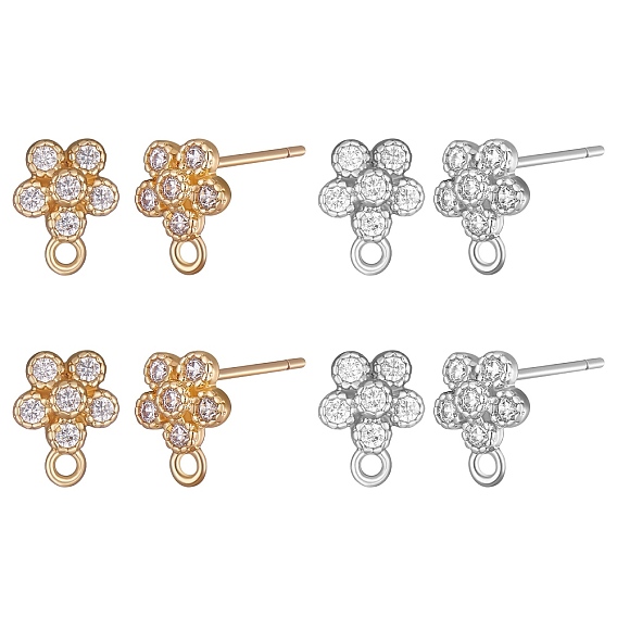 4 пары 2 цвета стойки покрытие латунь микро паве кубический цирконий серьги-гвоздики выводы, со 925 стержнями из стерлингового серебра и горизонтальными петлями, цветок, без кадмия и без свинца