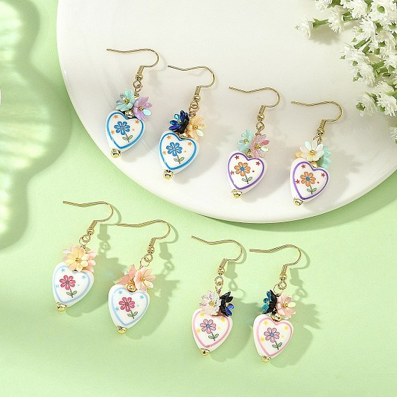 Handmade Porcelain & Resin Dangle Earrings, Heart, Electroplate Non-magnetic Synthetic Hematite Beads and 304 Stainless Steel Dangle Earrings