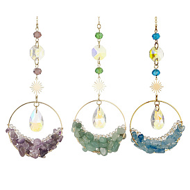 Gemstone Chips Ring Pendant Decoration, Hanging Suncatchers, with Brass Sun Link and Glass Teardrop Charm, for Home Decoration