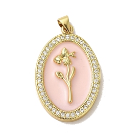 Brass Micro Pave Cubic Zirconia Pendants, with Enamel, Real 18K Gold Plated, Oval, Flower