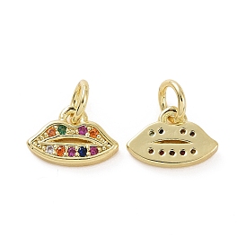 Brass Micro Pave Colorful Cubic Zirconia Charms, with Jump Ring, Lip