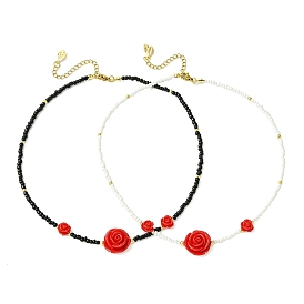 Glass Seed Beaded Necklaces, Red Rose Flower Resin Necklaces for Women