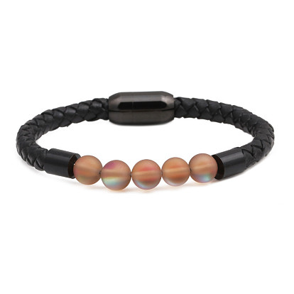 Stylish Leather Bracelet with Stainless Steel Magnetic Clasp and Moonstone Beads for Women