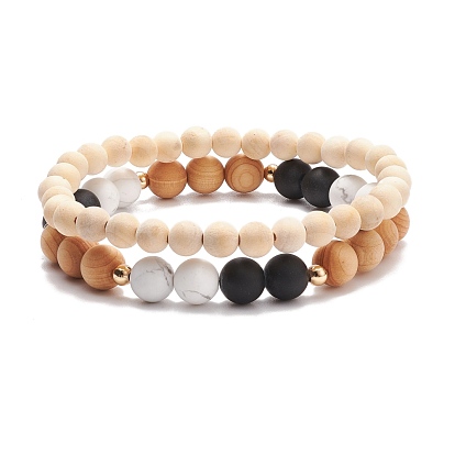 Wood Beaded Stretch Bracelet Sets, with Natural Gemston Beads and Brass Beads