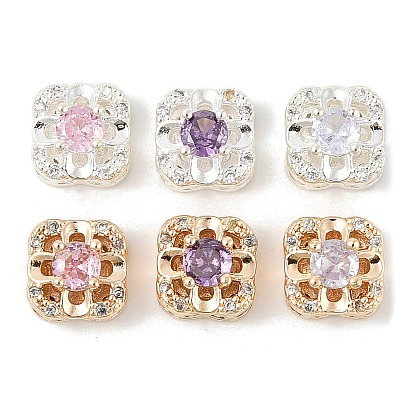 Латунные микро проложить кубического циркония бусы, квадратные с цветком, без свинца и без кадмия, долговечный