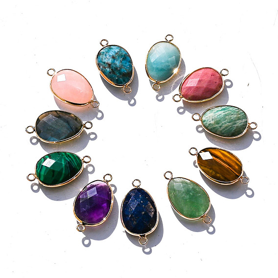 Natural Gemstone Connector Charms, Faceted Teardrop Links, Golden