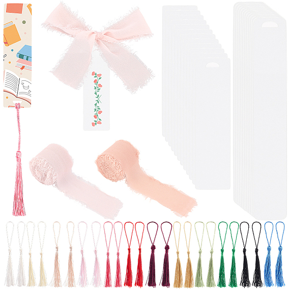 DIY-Lesezeichen-Kits, 24 Stück transparente, leere Acryl-Lesezeichen, 24pcs Polyester Quaste große Anhänger Dekorationen, ausgefranstes Fransenband aus Polyester