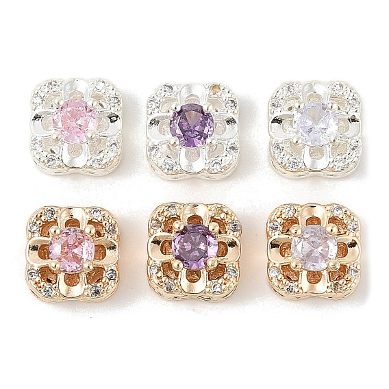 Латунные микро проложить кубического циркония бусы, квадратные с цветком, без свинца и без кадмия, долговечный