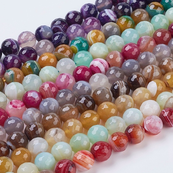 Faceted Round Dyed Natural Striped Agate/Banded Agate Beads Strands