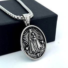 Collares ovalados de acero inoxidable con colgante de Virgen María para hombre