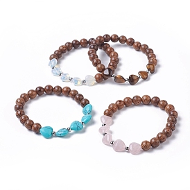 Perles coeur de pierres précieuses bracelets étirer, avec perles rondes en bois teint et 304 perles d'espacement lisses en acier inoxydable