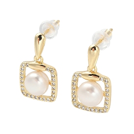 Natural Pearl Ear Studs, with Brass Micro Pave Clear Cubic Zirconia Findings and 925 Sterling Silver Pins, Square