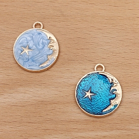 Alloy with Enamel Pendants, Flat Round with Moon Star