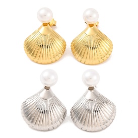 Brass Stud Earrings, with ABS pearl for Women, Lead Free & Cadmium Free, Shell Shape