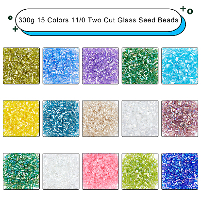 Nbeads 300g 15 Colors 11/0 Two Cut Glass Seed Beads, Hexagon, Mixed Style