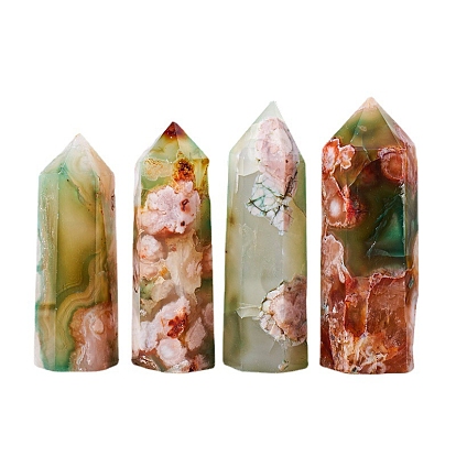 Point Tower Natural Green Cherry Blossom Agate Home Display Decoration, Healing Stone Wands, for Reiki Chakra Meditation Therapy Decors, Hexagon Prism